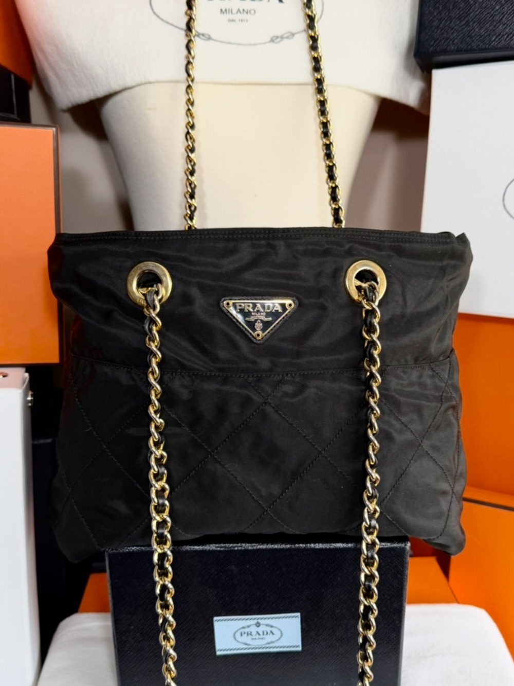 Prada Black Quilted Nylon Shoulder Bag with Gold Chain Handles. 🌟Open to Offers